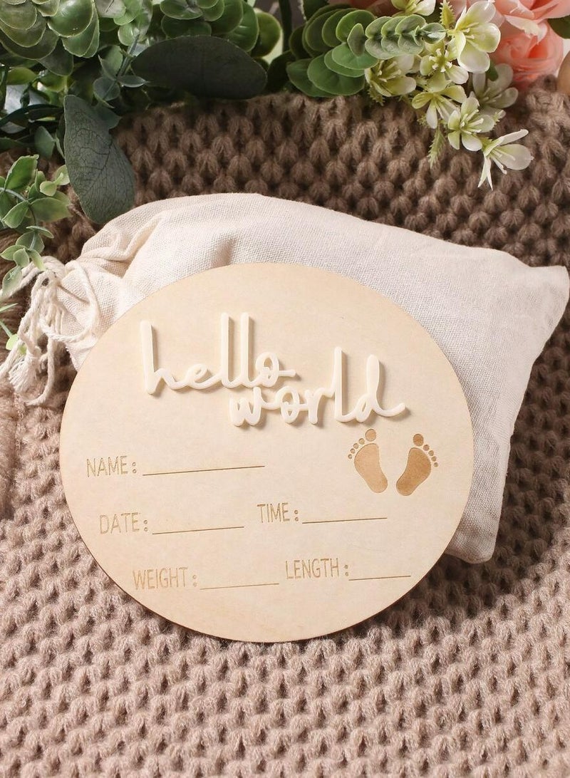 Baby Announcement Sign for Newborn - Beautiful Double-Sided Hello World Name Sign for Hospital Birth Announcement, The Perfect Round Wooden Welcome Baby Sign for New Baby Boy and Girl Gifts - Image 4