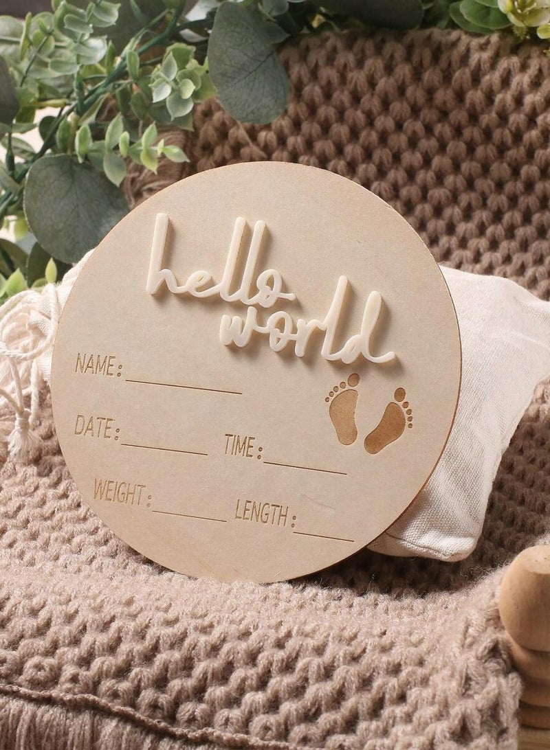Baby Announcement Sign for Newborn - Beautiful Double-Sided Hello World Name Sign for Hospital Birth Announcement, The Perfect Round Wooden Welcome Baby Sign for New Baby Boy and Girl Gifts - Image 3