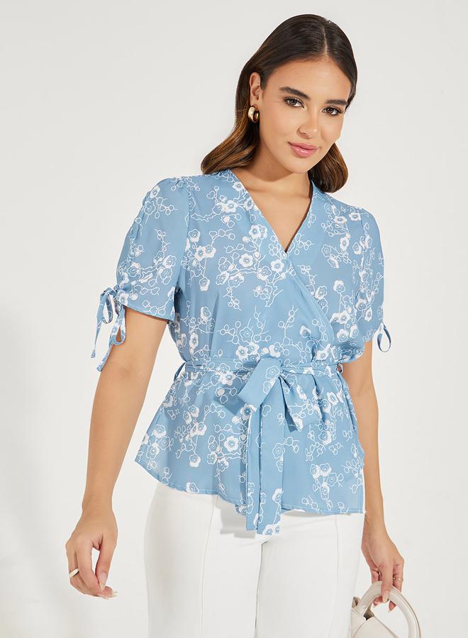 Styli Floral Print Wrap Top with Waist & Sleeve Tie Detail  - Image 1