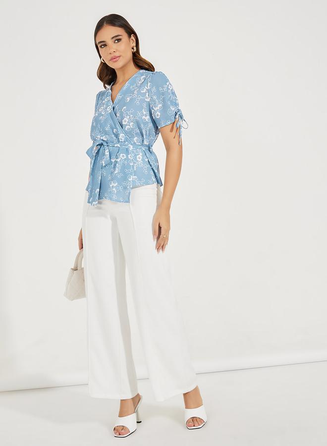 Styli Floral Print Wrap Top with Waist & Sleeve Tie Detail  - Image 2