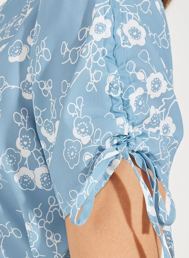 Styli Floral Print Wrap Top with Waist & Sleeve Tie Detail
