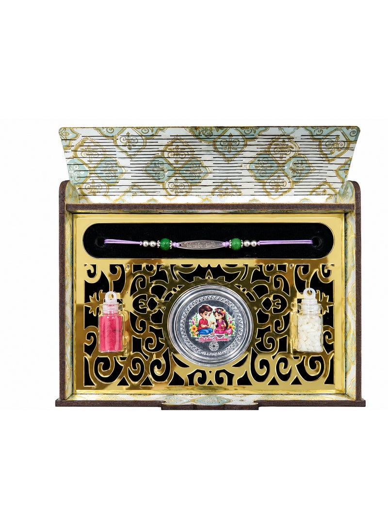 Premium Raksha Bandhan Designer Rakhi Gift Box with Silver Coin, Roli Chawal Tilak Set and Decorative Wooden Box. - Image 1