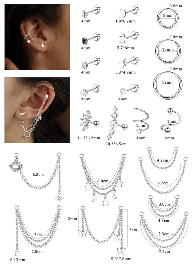 YADOCA Hypoallergenic Helix Earrings - Surgical Steel Flat Back Stud Earrings - Small Hoop, Dangle with Chain - Cartilage & Tragus Piercing Jewelry - Image 5