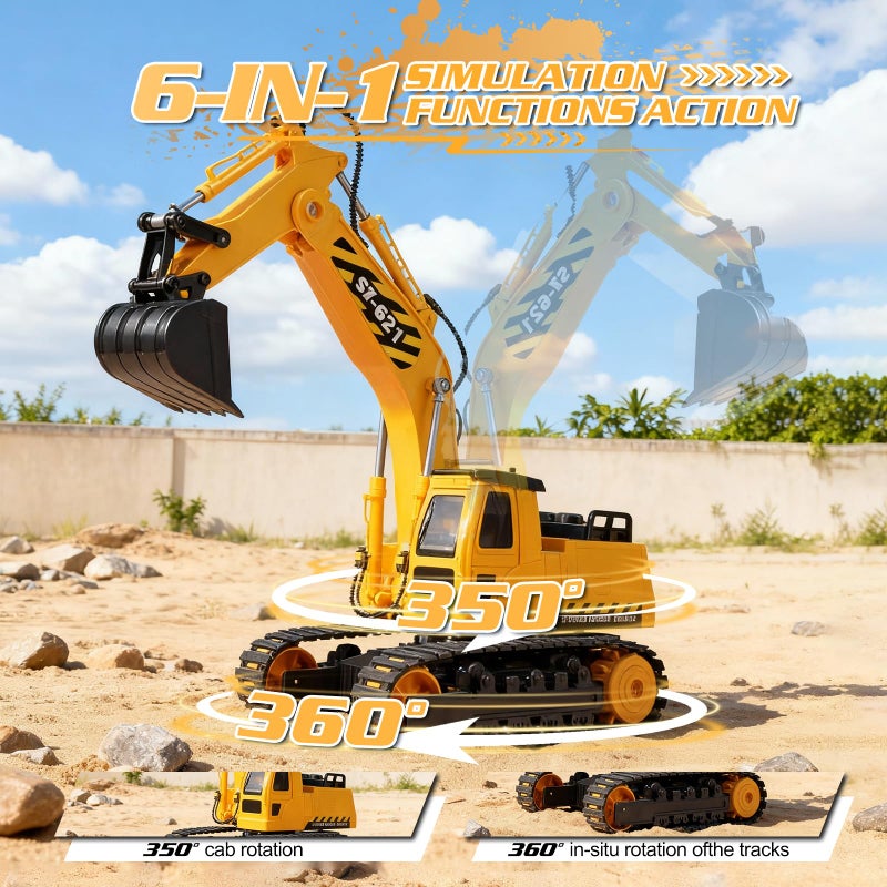 DOUBLE E Remote Control Excavator Toy 2Batteries 24GHz RC Excavator 6in1 Digging360 Rotation 20M Range Sandbox Construction Toys Birthday Gift for BoysKids 6 Years - Image 3