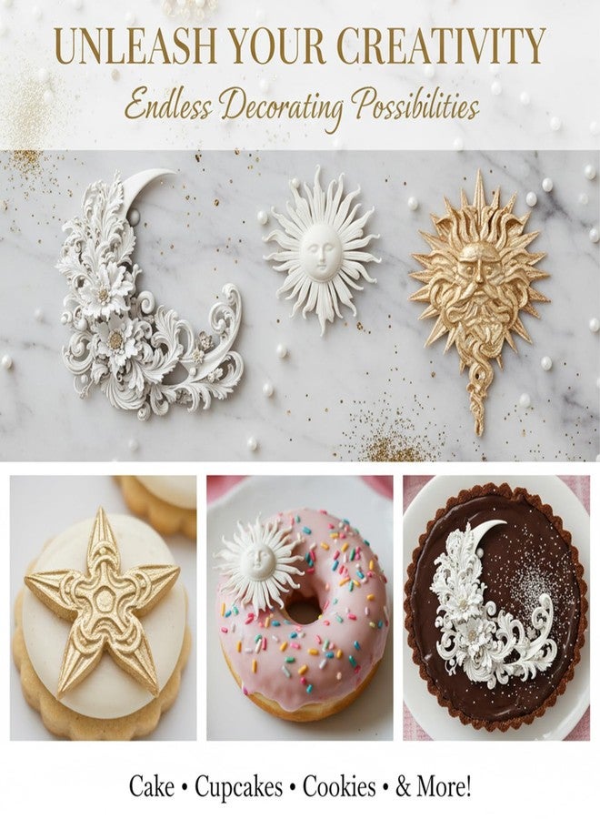 Xcake Lcook Sun Face Star Moon Fondant Molds Baroque Celestial Silicone Molds for Cake Decoration Resin Casting DIY Craft, 4 Piece - Image 4