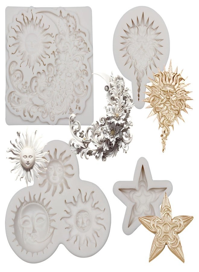 Xcake Lcook Sun Face Star Moon Fondant Molds Baroque Celestial Silicone Molds for Cake Decoration Resin Casting DIY Craft, 4 Piece - Image 1