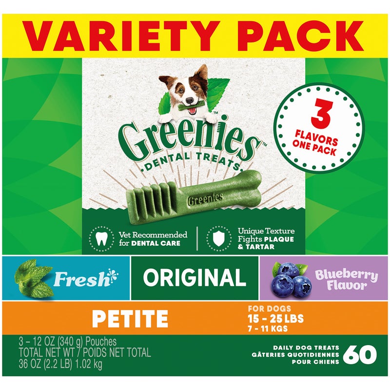 Greenies Veterinarian-Recommended Adult Natural Dental Dog Treats Petite Size, Fresh Flavor, Original Flavor, and Blueberry Flavor, (3) 12 oz. Packs, 60 Count - Image 1