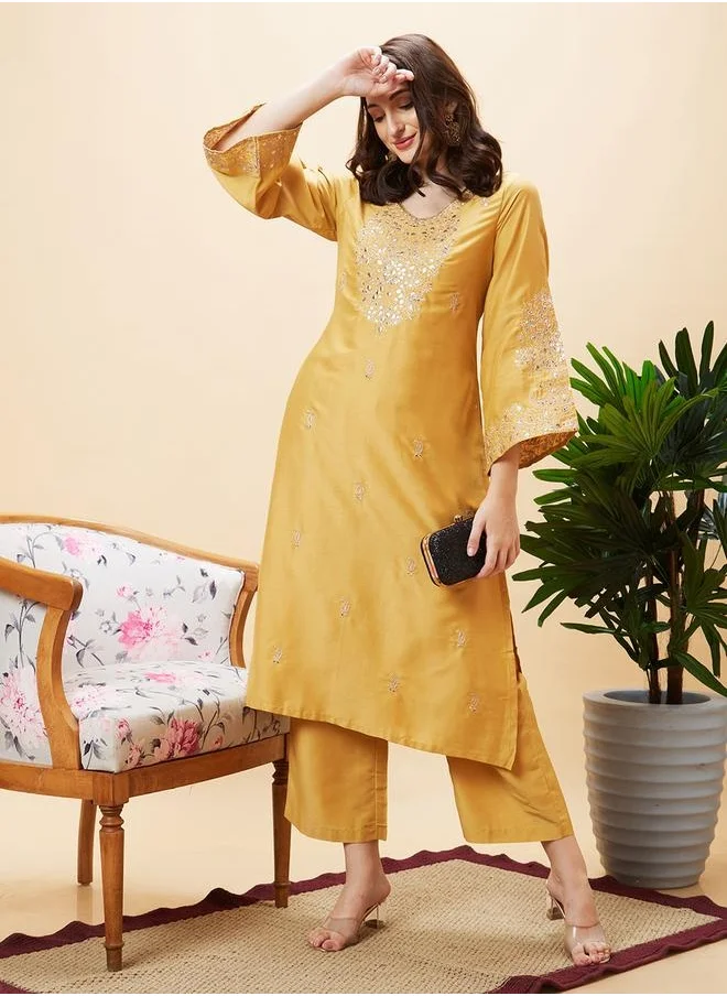 globus Globus Women Yellow Embroidered V-Neck Gota Patti Festive Straight Kurta Set With Palazzo by Styli