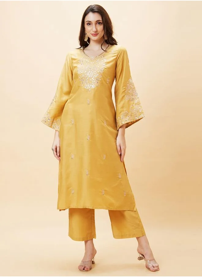 globus Globus Women Yellow Embroidered V-Neck Gota Patti Festive Straight Kurta Set With Palazzo by Styli