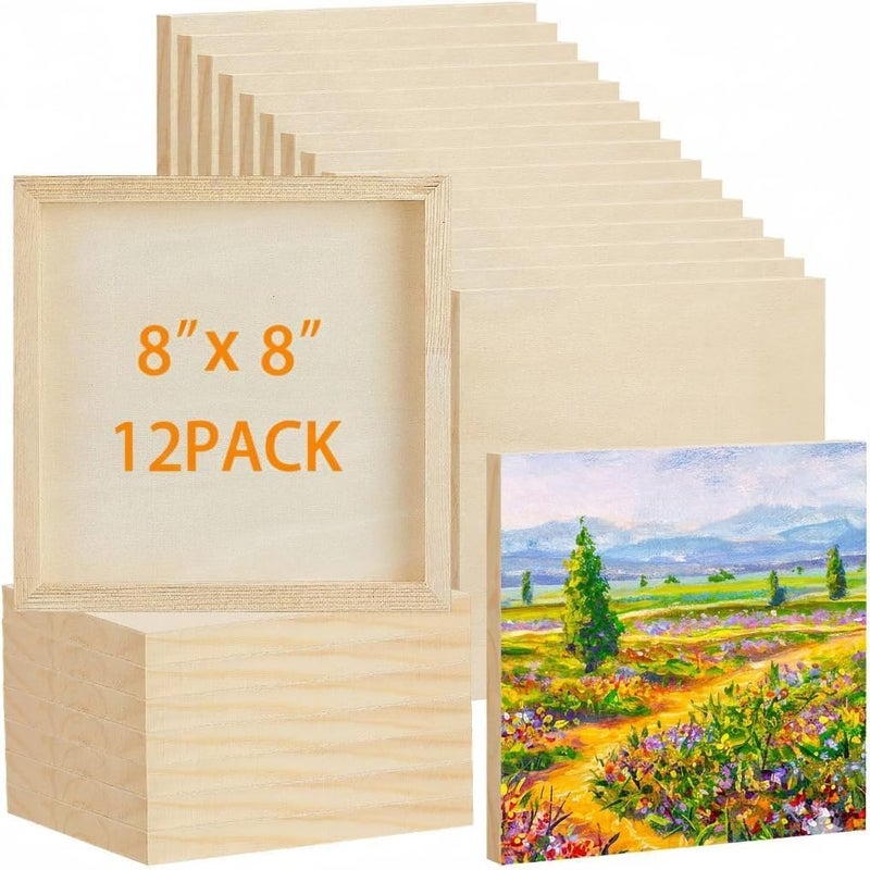 ARS 12 Pcs Wood Panels for Painting, 8'' x 8'' Unfinished Wood Canvas Boards, Cradled Artist Panels for Acrylic, Oils, Pouring Art, DIY Crafts, Wood for Painting Projects - Image 1