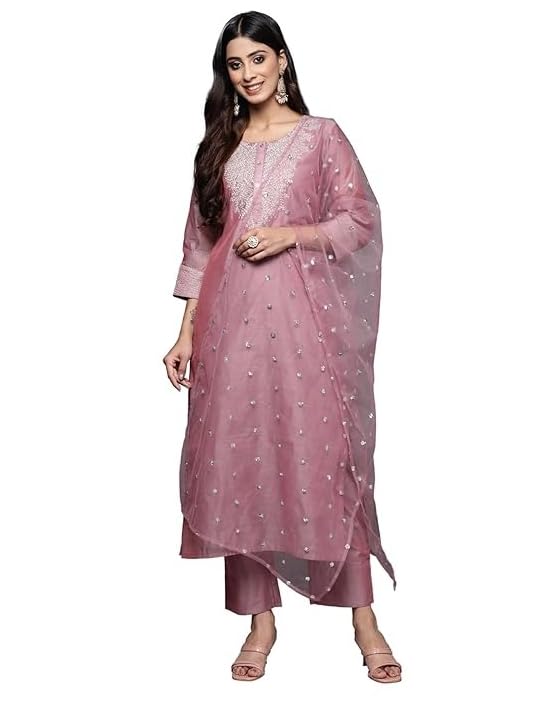 Varanga Women Mauve Floral Embroidered Regular Chanderi Silk Kurta with Trousers & With Dupatta (S) - Image 1