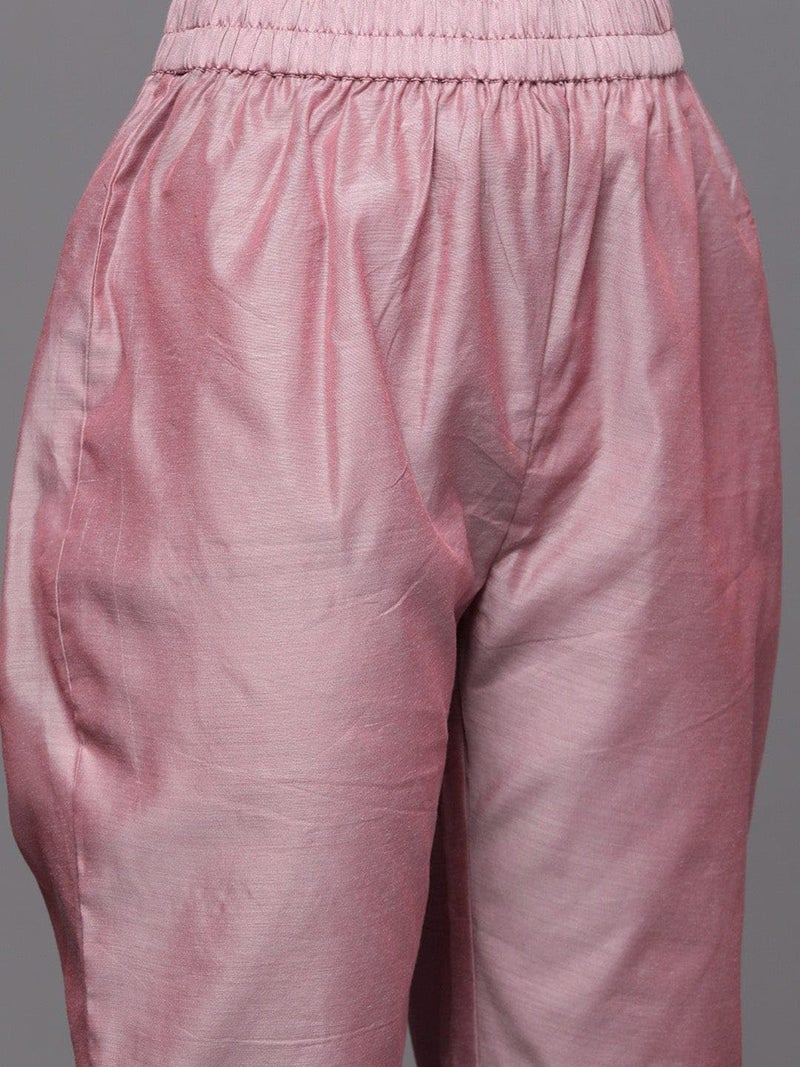 Varanga Women Mauve Floral Embroidered Regular Chanderi Silk Kurta with Trousers & With Dupatta (S) - Image 3