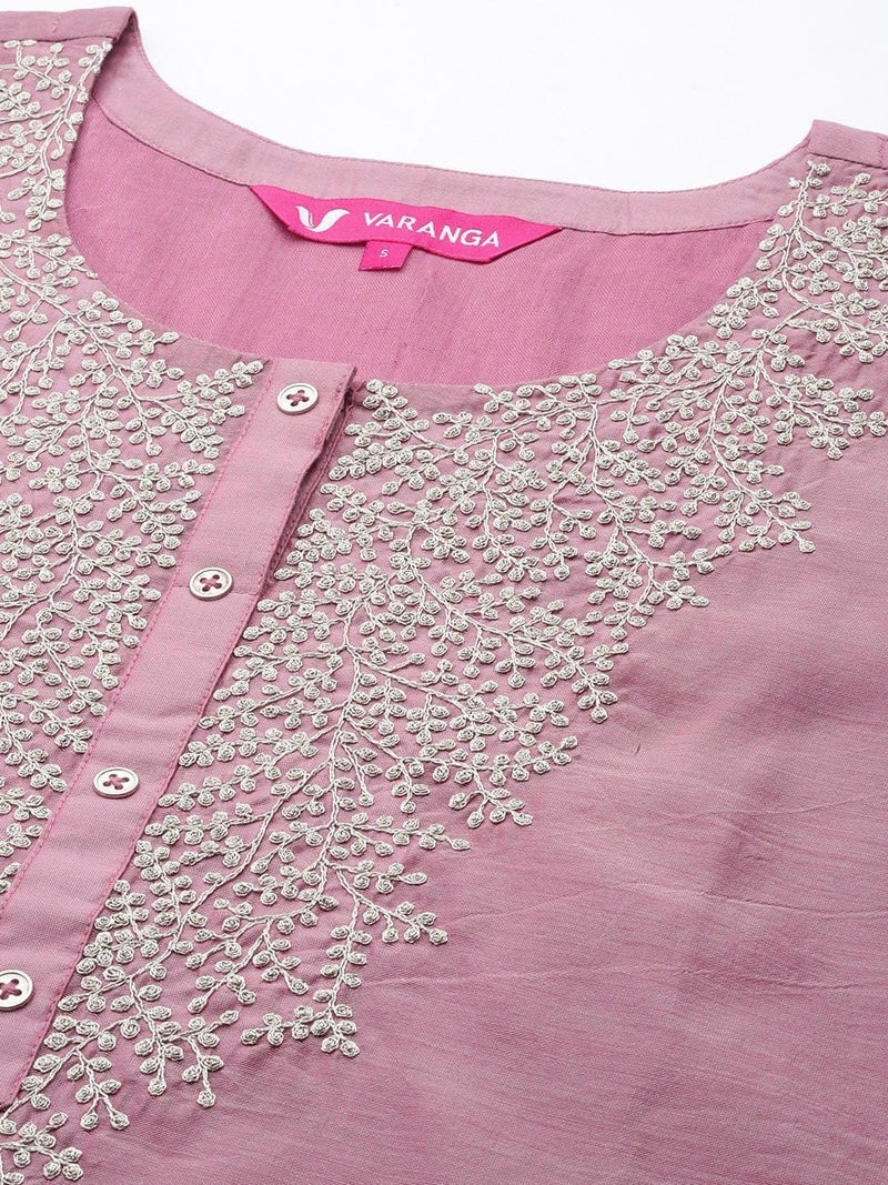 Varanga Women Mauve Floral Embroidered Regular Chanderi Silk Kurta with Trousers & With Dupatta (S) - Image 2
