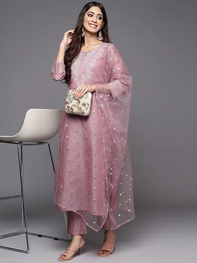 Varanga Women Mauve Floral Embroidered Regular Chanderi Silk Kurta with Trousers & With Dupatta (S) - Image 4