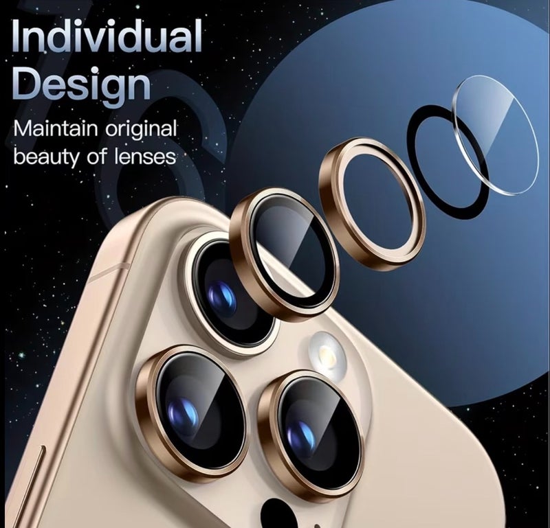 BEYOX Premium Camera Lens Protector for iPhone 16 Pro / iPhone 16 Pro Max – AR+AF Tempered Glass Camera Lens Cover with Metal Border, 360° Protection, Bubble Free, Explosion Proof, - Desert Titanium (Gold) - Image 3