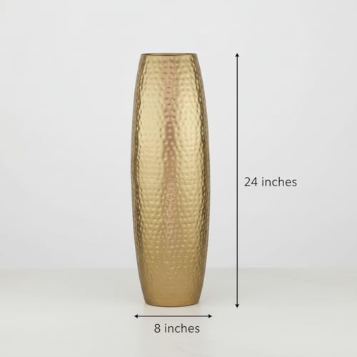 RIZIK STORE® Hammered Gold Metal Floor Flower Pot/Vase – 24.2 Inch Tall Round Decorative Vase for Living Room, Modern Minimalist for Dried Flowers, Antique Home Décor Accent (Gold) - Image 2