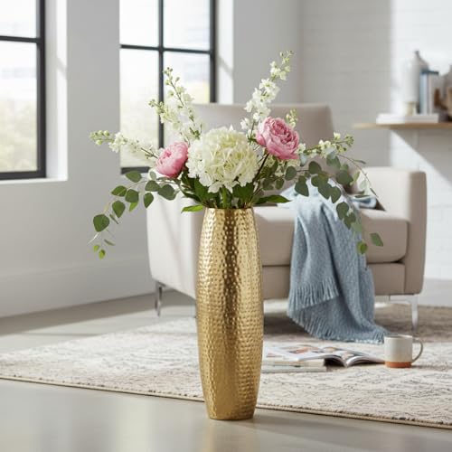 RIZIK STORE® Hammered Gold Metal Floor Flower Pot/Vase – 24.2 Inch Tall Round Decorative Vase for Living Room, Modern Minimalist for Dried Flowers, Antique Home Décor Accent (Gold) - Image 1