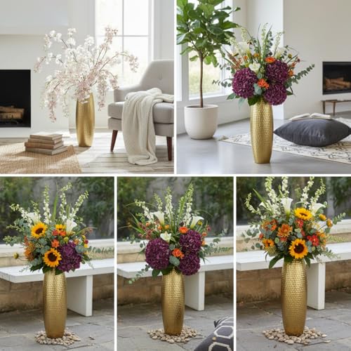 RIZIK STORE® Hammered Gold Metal Floor Flower Pot/Vase – 24.2 Inch Tall Round Decorative Vase for Living Room, Modern Minimalist for Dried Flowers, Antique Home Décor Accent (Gold) - Image 3