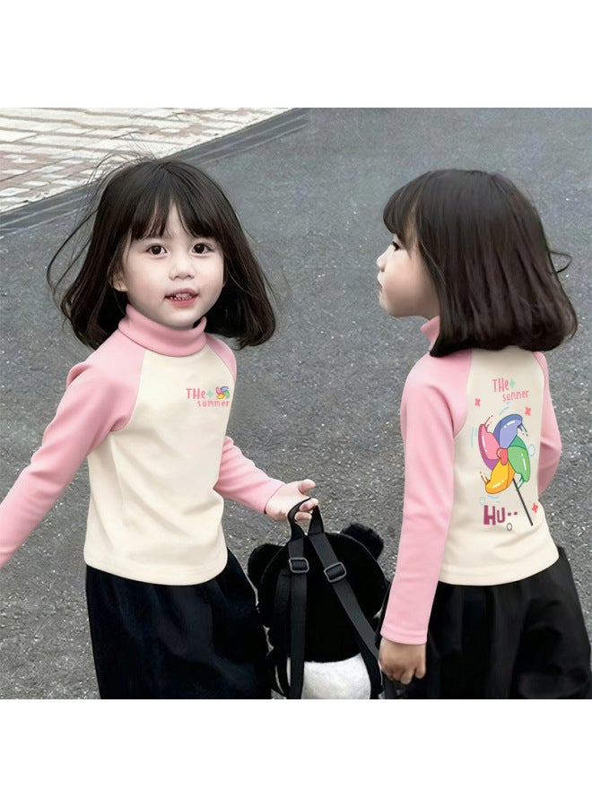 Girls' Thermal Base Layer Top Autumn And Winternew Style For Older Children, Half Turtleneck, Warm Inner Layer, Color-blocking Long Sleeves