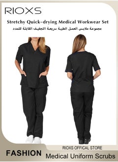 RIOXS Unisex Medical Uniform Scrubs, Women And Men Scrubs Set, Professionals Medical Scrubs Short Sleeve Top And Pants For Workwear, Soft Stretch V-Neck Top And Trousers  - Image 1