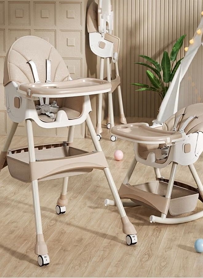 Baby High Chair 6 in 1 Baby Dining Chair Folding Recline Feeding Booster Seat Foldable Safe Toddler Dining Car with Roller Wheels & Meal Tray for Babies & Kids