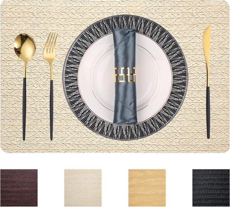 pigchcy Waterproof PVC Place Mats Set of 6, Non-Slip Faux Leather Placemats Rattan Pattern Surface Table Mats for Wedding/Birthday Party/Kitchen (18"x12", Cream) - Image 1