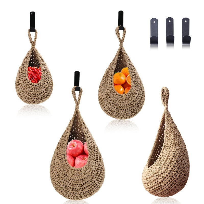 MKO SHUN Hanging Fruit Basket Set of 3, Boho Wall Hanging Storage Jute Basket for Organizing & Decor, Handmade Teardrop Hammock Holder for Onion Fruit Vegetable in Home & Restaurant Kitchen with Hooks - Image 1