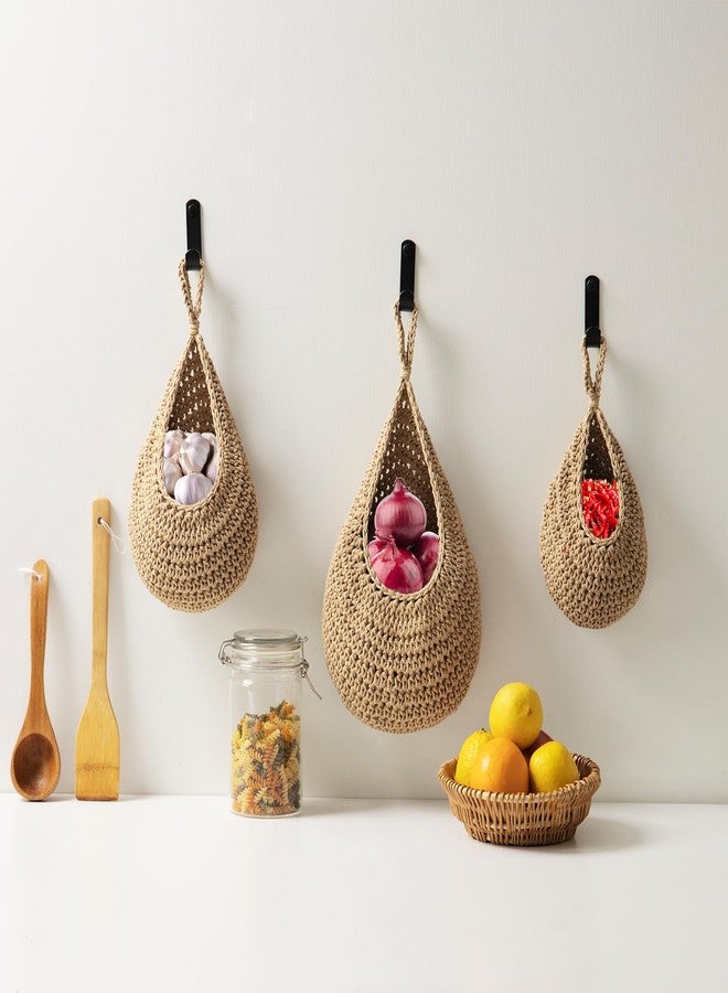 MKO SHUN Hanging Fruit Basket Set of 3, Boho Wall Hanging Storage Jute Basket for Organizing & Decor, Handmade Teardrop Hammock Holder for Onion Fruit Vegetable in Home & Restaurant Kitchen with Hooks - Image 5