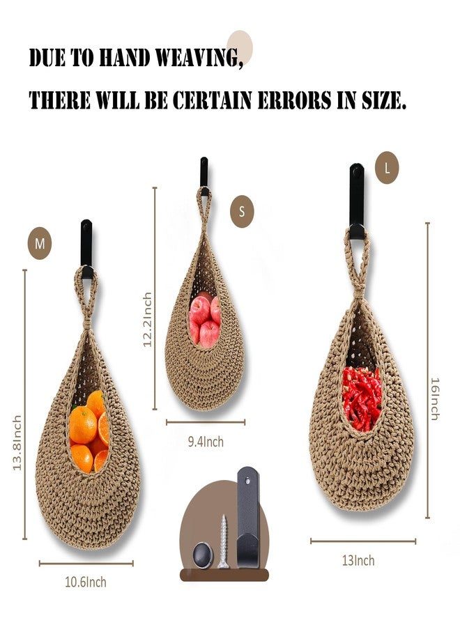 MKO SHUN Hanging Fruit Basket Set of 3, Boho Wall Hanging Storage Jute Basket for Organizing & Decor, Handmade Teardrop Hammock Holder for Onion Fruit Vegetable in Home & Restaurant Kitchen with Hooks - Image 2