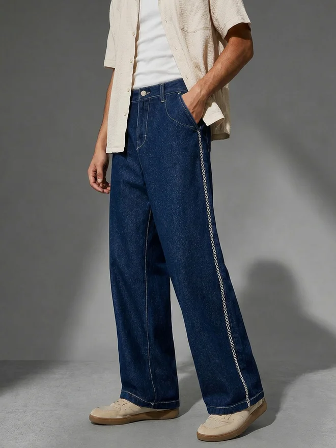 Styli Navy Blue Men Baggy Jeans with Contrast Stitch for Men | Best Price UAE