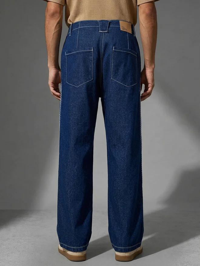 Styli Navy Blue Men Baggy Jeans with Contrast Stitch for Men | Best Price UAE