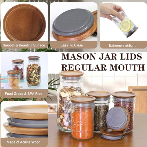 KIKINIKO 6 Pcs Wooden Lids for Regular Mouth Mason Jar, Inner diameter 2.13in, Regular Mouth Jar Lids Made Of Acacia Wood for Mason Jars With Airtight Silicone Seal, For Storing Items(Brown, Excluding Jars) - Image 5