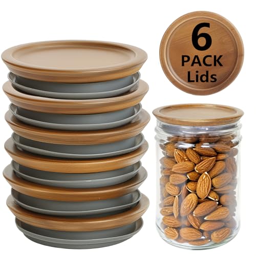 KIKINIKO 6 Pcs Wooden Lids for Regular Mouth Mason Jar, Inner diameter 2.13in, Regular Mouth Jar Lids Made Of Acacia Wood for Mason Jars With Airtight Silicone Seal, For Storing Items(Brown, Excluding Jars) - Image 1