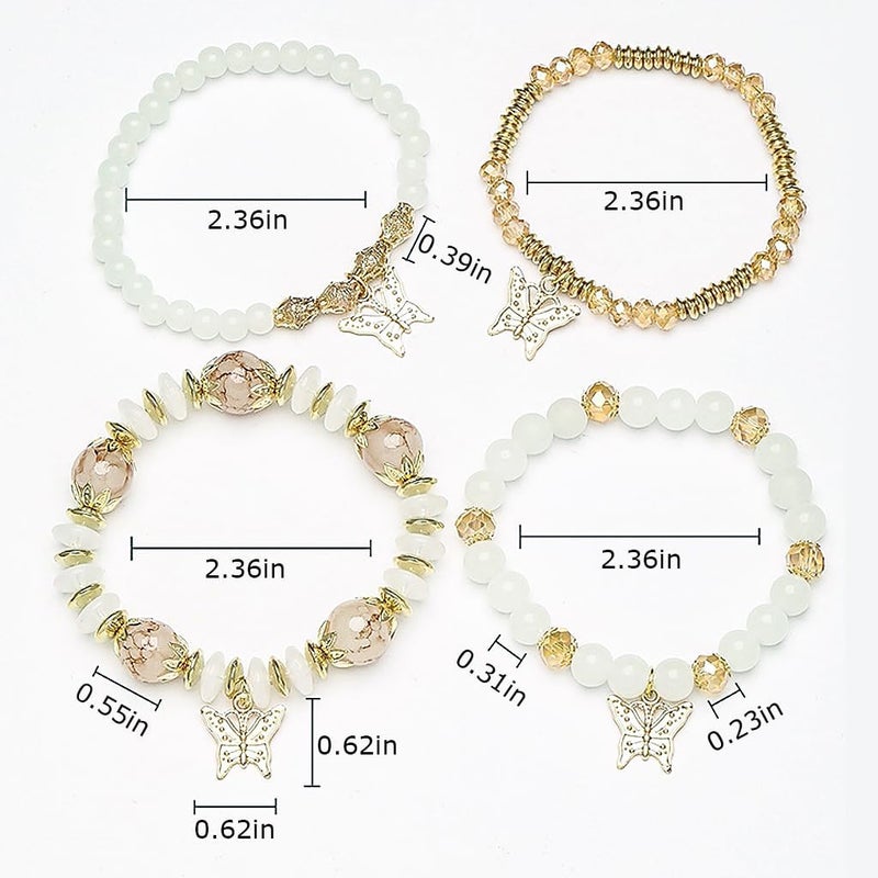 HANNEA® 4Pcs Bracelet for Woman Butterfly Charms Crystal Beads Bracelet Multilayer Bohemian Stretch Tassel Bracelets Set Golden Bangles Bracelet for Women Girls Gift - Image 1