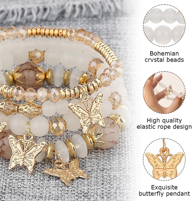 HANNEA® 4Pcs Bracelet for Woman Butterfly Charms Crystal Beads Bracelet Multilayer Bohemian Stretch Tassel Bracelets Set Golden Bangles Bracelet for Women Girls Gift - Image 3