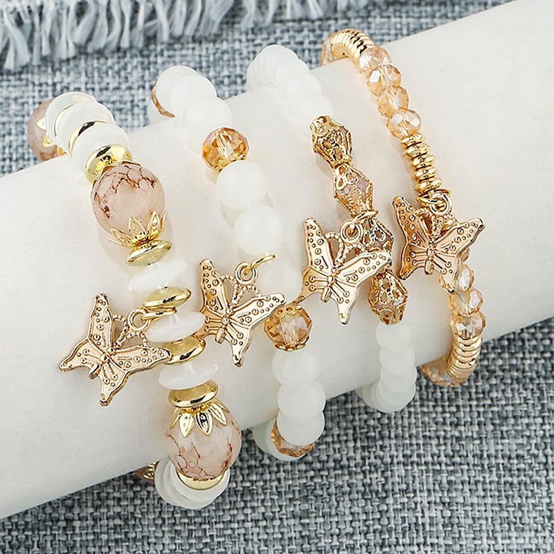 HANNEA® 4Pcs Bracelet for Woman Butterfly Charms Crystal Beads Bracelet Multilayer Bohemian Stretch Tassel Bracelets Set Golden Bangles Bracelet for Women Girls Gift - Image 5
