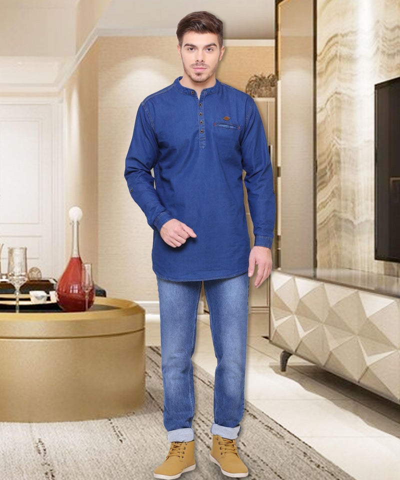 Kuons Avenue Men's Tailored Fit Denim Short Kurta (KACLFS1232E-L_Navy Blue_Large) - Image 3