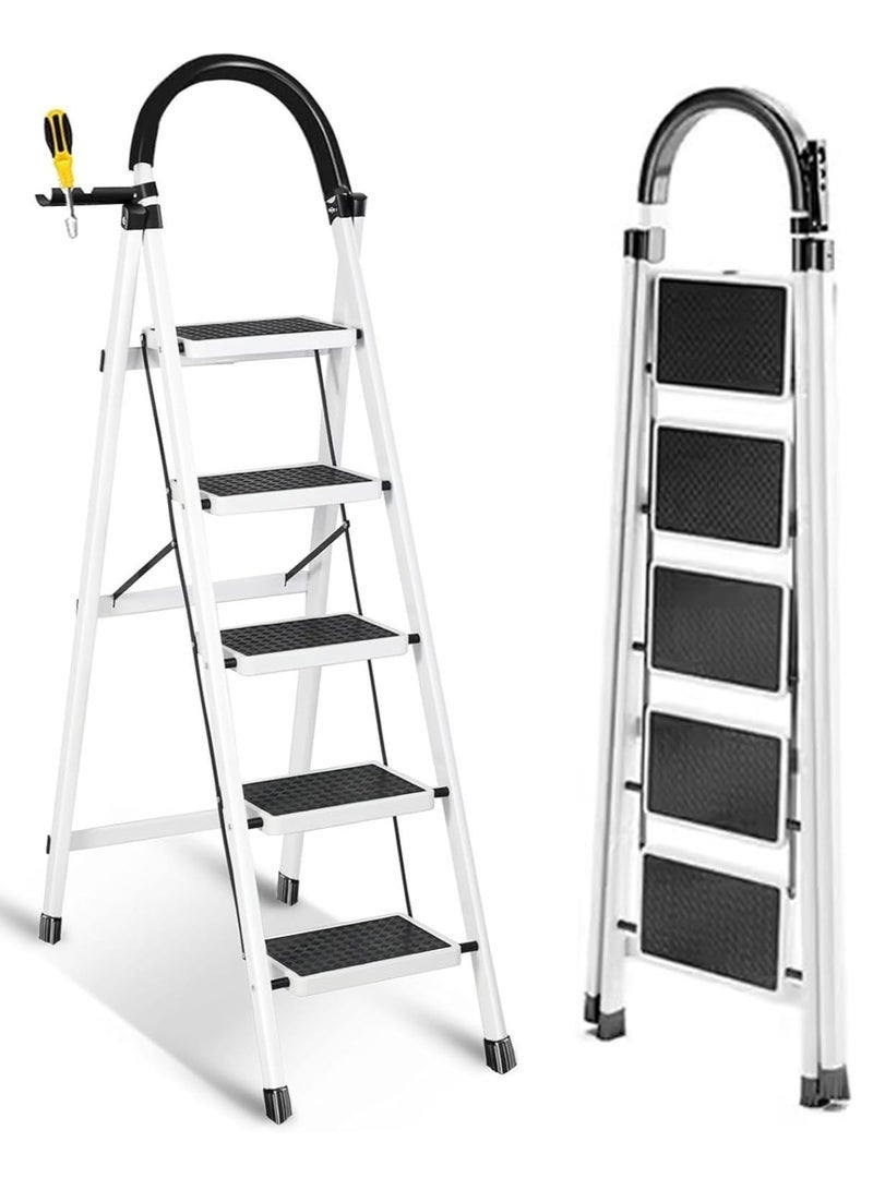 Yoawllty 5 Steps Folding Ladder, Home Ladder with Wide Anti-Slip Pedal, Durable Steel Folding Ladder for Home, Kitchen, Garden, Office  - Image 1
