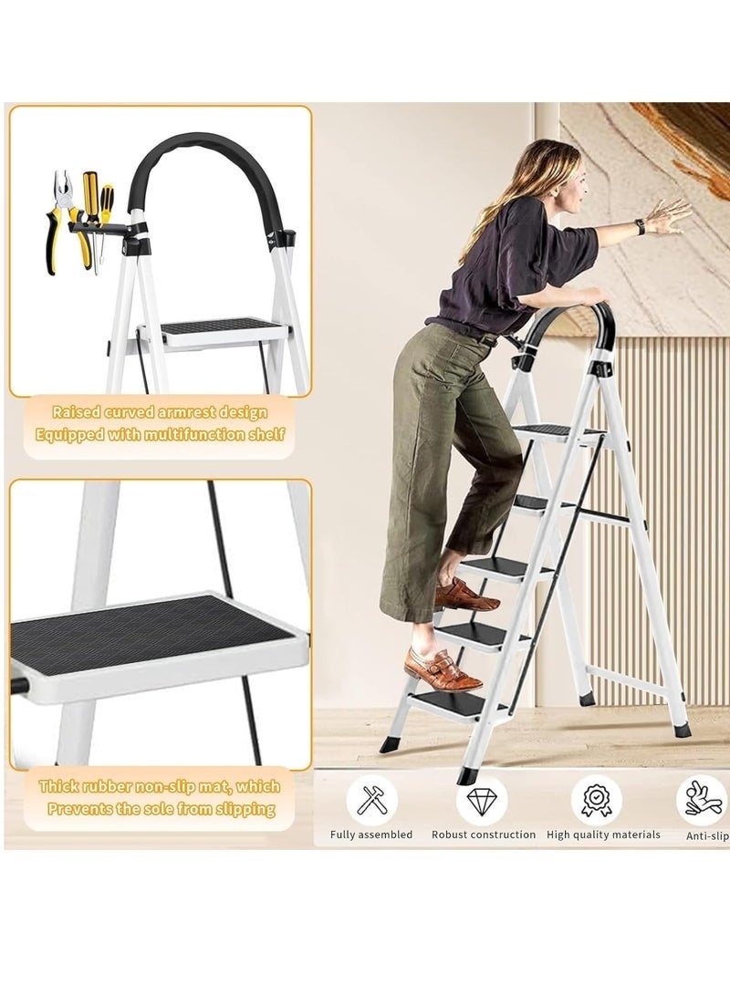Yoawllty 5 Steps Folding Ladder, Home Ladder with Wide Anti-Slip Pedal, Durable Steel Folding Ladder for Home, Kitchen, Garden, Office  - Image 5