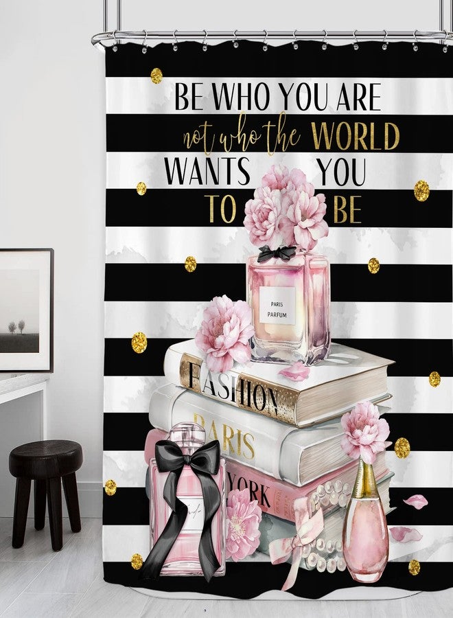 Riyidecor Pink Shower Curtain for Bathroom，60Wx72H Inch Black and Pink，Fashion Designer Cute Shower Curtains，Modern Women Girly Stripe Flower Bathroom Decor Fabric Polyester Waterproof 12 Pack Hooks - Image 1
