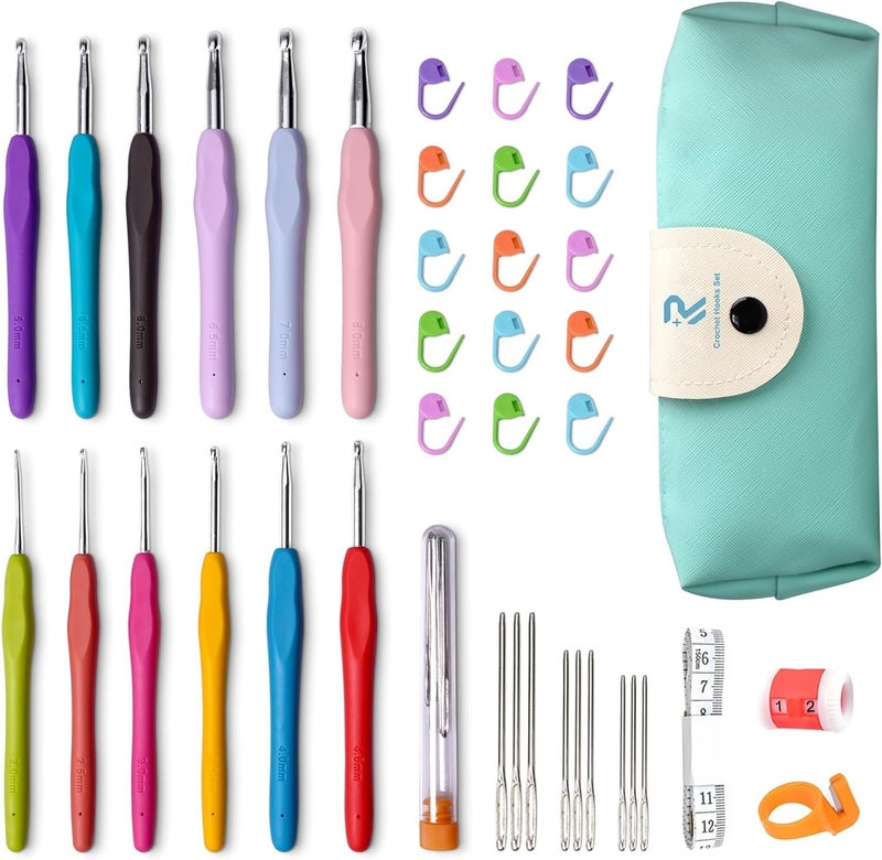 LeafLoom Crochet Hooks Set 41 Pcs Full Size Ergonomic Soft Grip Rubber Handles Crochet Kits For Beginners Adults Sister Gift Crochet Hooks Arthritic Hands Ergonomic Soft Grip Handles Large Crochet Needle with Blue Case