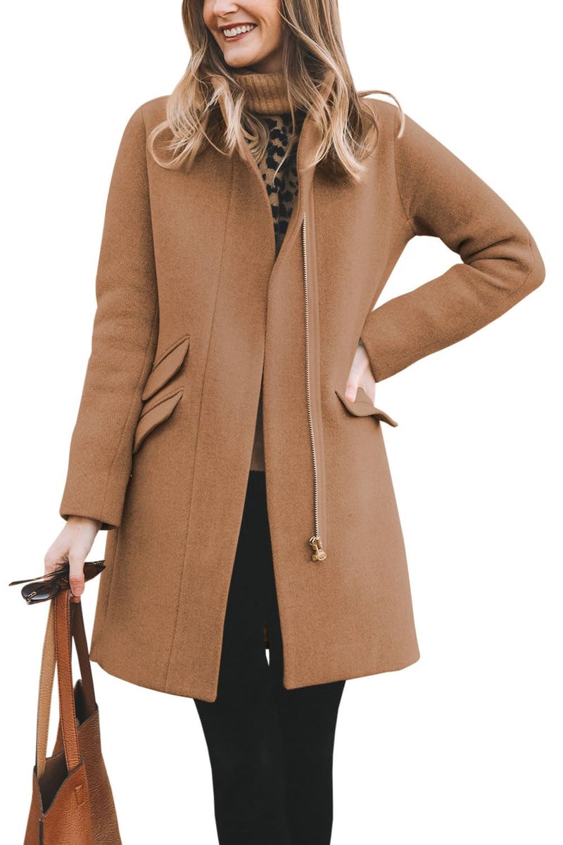 BZB Womens Winter Camel Pea Coat Vintage Zip Up Slim Long Wool Blend Over Open Front Trench Coat Funnel Neck Outerwear Jacket