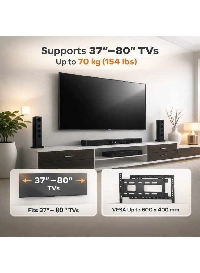 بيتيك حامل تلفاز ثابت لشاشات التلفاز المسطحة من 37 إلى 80 بوصة بقدرة تحمل تصل إلى 70 كجم / 154 رطل، ومعايير VESA ما يصل إلى 600x400، بروفايل فائق النحافة بسمك 30 مم مع هيكل فولاذي قوي، أسود - TF-65F - Image 2