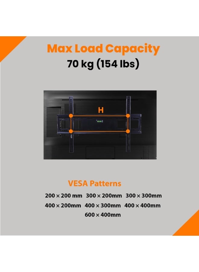 بيتيك حامل تلفاز ثابت لشاشات التلفاز المسطحة من 37 إلى 80 بوصة بقدرة تحمل تصل إلى 70 كجم / 154 رطل، ومعايير VESA ما يصل إلى 600x400، بروفايل فائق النحافة بسمك 30 مم مع هيكل فولاذي قوي، أسود - TF-65F - Image 3