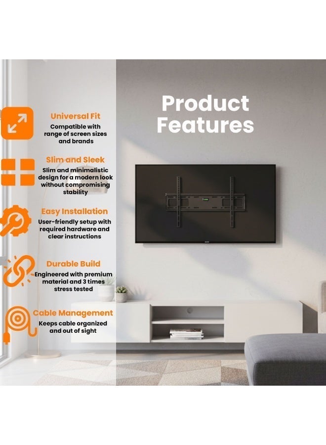 بيتيك حامل تلفاز ثابت لشاشات التلفاز المسطحة من 37 إلى 80 بوصة بقدرة تحمل تصل إلى 70 كجم / 154 رطل، ومعايير VESA ما يصل إلى 600x400، بروفايل فائق النحافة بسمك 30 مم مع هيكل فولاذي قوي، أسود - TF-65F - Image 5