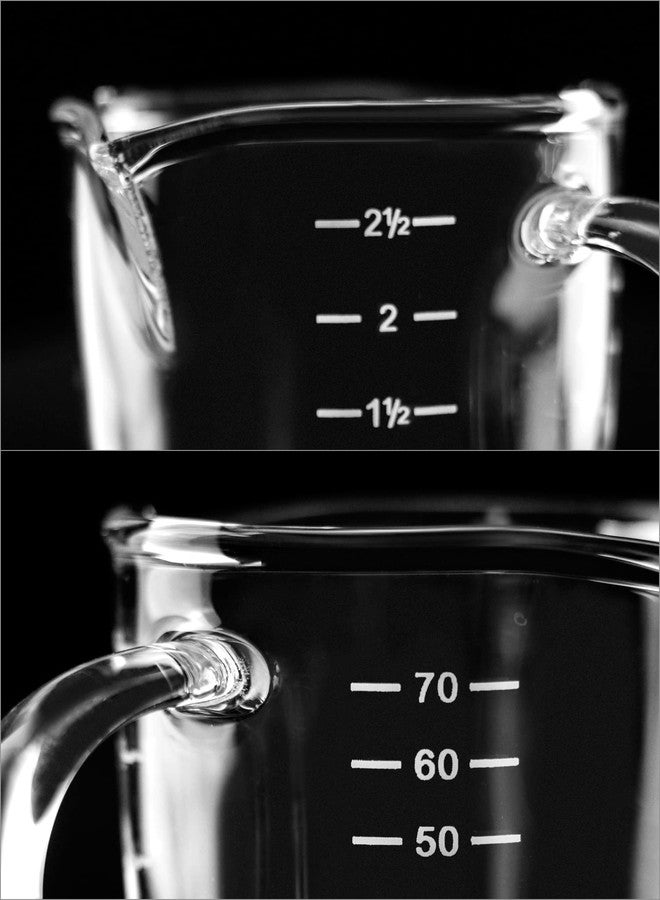 QWORK Espresso Shot Glass with Handle, 2 Pack 3-Ounce Double Spout Glass Measuring Cup Triple Pitcher Milk Cup with Two Scales (OZ&ML) - Image 4