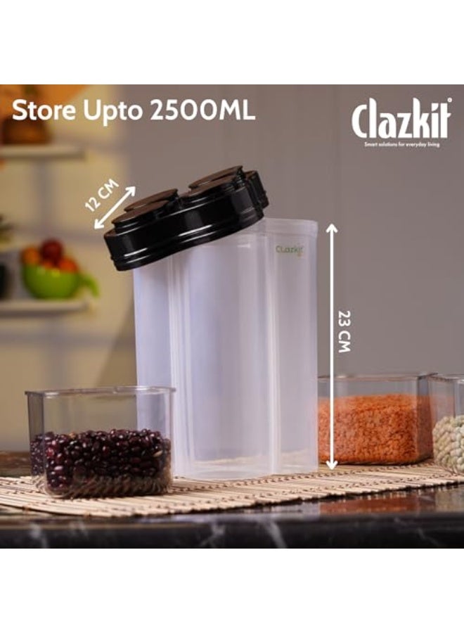 Clazkit Airtight Transparent Plastic Lock Food Storage 4 Section Cereal Container Jar for Grocery, Fridge Container Pack of 1, 2500ML - Black - Image 4