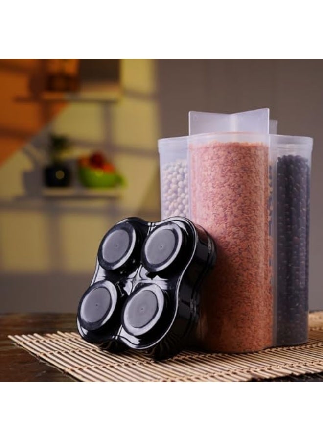 Clazkit Airtight Transparent Plastic Lock Food Storage 4 Section Cereal Container Jar for Grocery, Fridge Container Pack of 1, 2500ML - Black - Image 1