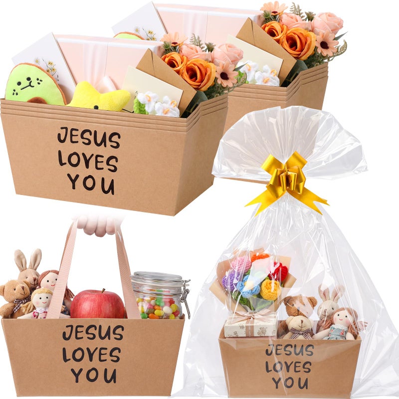 Funnymoom 12 Pcs Christian Wedding Basket for Gift Empty Jesus Loves You Kraft Paper Baskets with Cellophane Bags Pull Bows for Mother Day Baptism Christening Church Wedding Party Favor 98 x 65 - Image 2