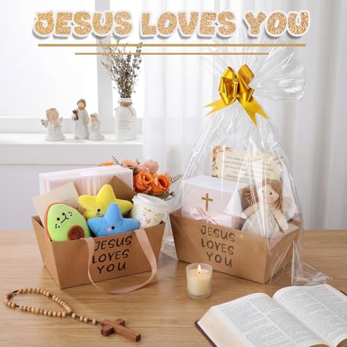 Funnymoom 12 Pcs Christian Wedding Basket for Gift Empty Jesus Loves You Kraft Paper Baskets with Cellophane Bags Pull Bows for Mother Day Baptism Christening Church Wedding Party Favor 98 x 65 - Image 3